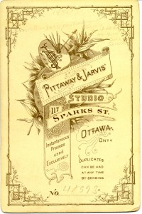The back of this photo, showing the studio name and location (Pittaway and Jarvis, 117 Sparks Street, Ottawa 