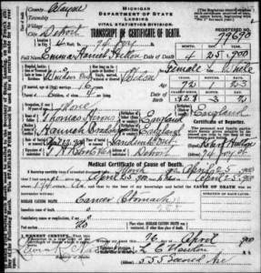 Michigan death registration for Emma Hutton, 1900